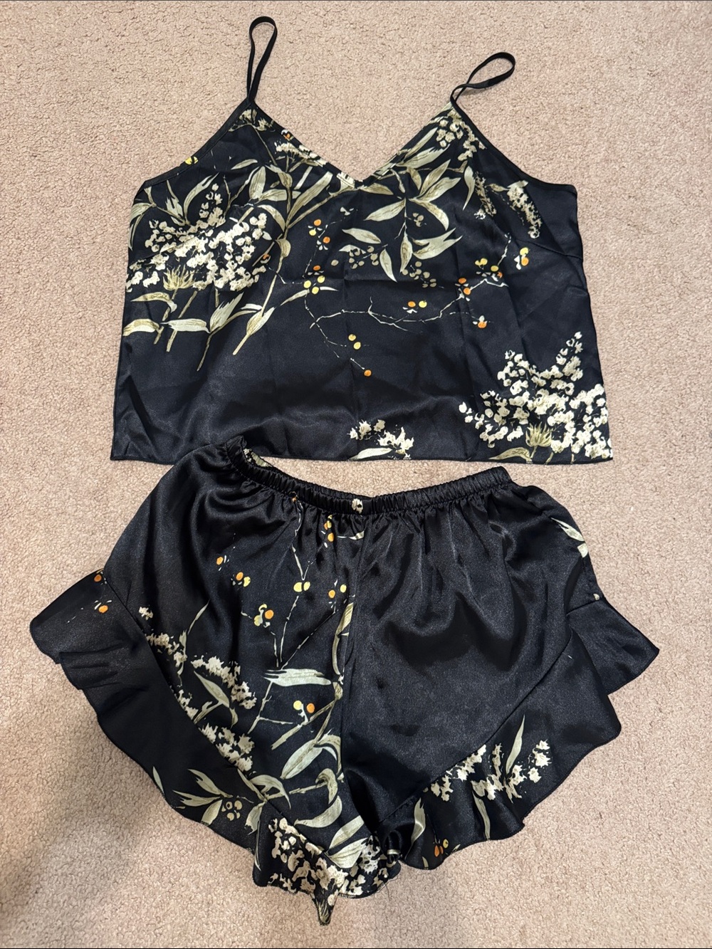 Black Floral Satin Cami & Shorts Sleep Set
